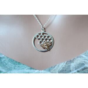 Silver Honeycomb and Bee in Circle Frame Necklace
